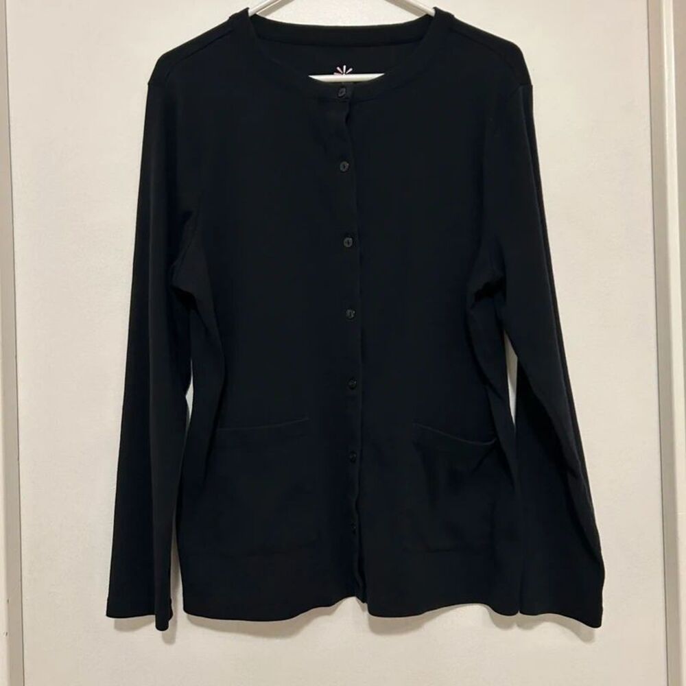 Isaac Mizrahi Live Women's Button-Front Cardigan Top L Black Pockets Crew Neck